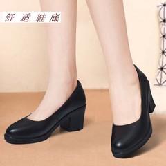 Four-Season Single Strap Rough Heel Round Head Medium Heel Women's Shoes Square Toe Light Opening Black Leather Shoes Commute Work Shoes Low Heel Women's Single Shoes