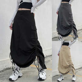 欧美女装千禧风半身裙新款 个性侧边抽褶开叉不规则中长裙SU2963