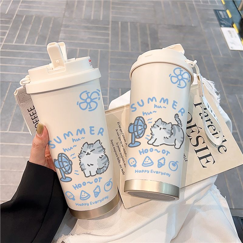 Blow-Dry Kitten Stainless Steel Thermos Coffee Cup High-Value Straw Cup Student Male and Female Portable Water Cup Large Capacity Blow-Dry Kitten Stainless Steel Thermos Coffee Cup High-Value Straw Cup Student Male and Female Portable Water Cup Large Capacity