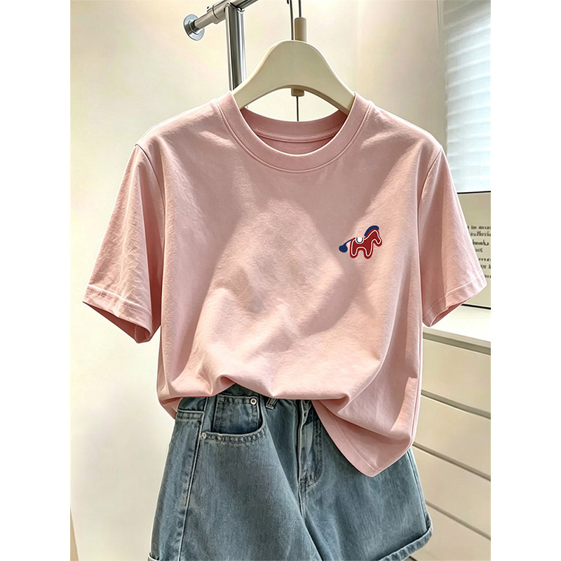 Women's pure cotton short-sleeve t-shirt, fashionable, casual, versatile, stylish, age-reducing, lotus pink top, summer 2026 Women's pure cotton short-sleeve t-shirt, fashionable, casual, versatile, stylish, age-reducing, lotus pink top, summer 2026