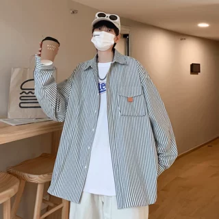 春秋季日系复古细条纹长袖衬衫男女韩版潮流港风外搭宽松衬衣外套