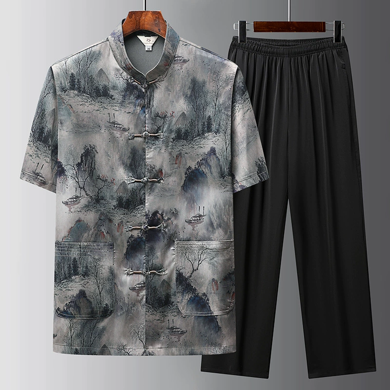 Tang одеваются мужчины среднего и пожилого возраста одеваются летние платья из хлопкового шелка с короткими рукавами набор из двух частей в китайском стиле