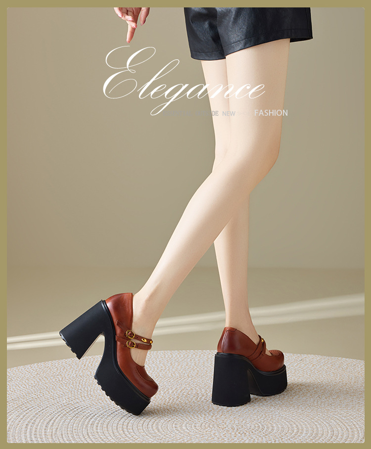 Giày Mary Jane nữ đế dày 12 cm phong cách cổ điển học sinh — màu nâu chi tiết 1