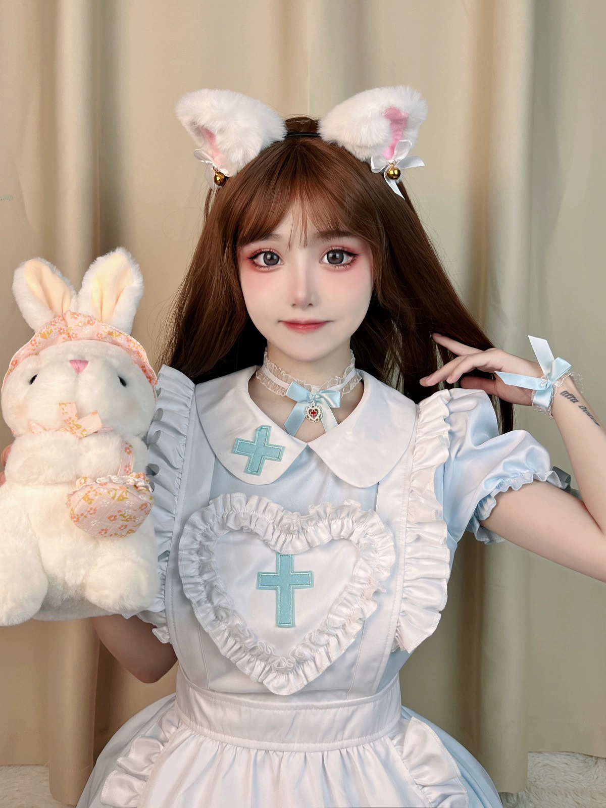 Короткое платье-Lolita набор, японский сливочно-кавайный косплей, фартук и головной убор, размеры S–XL
