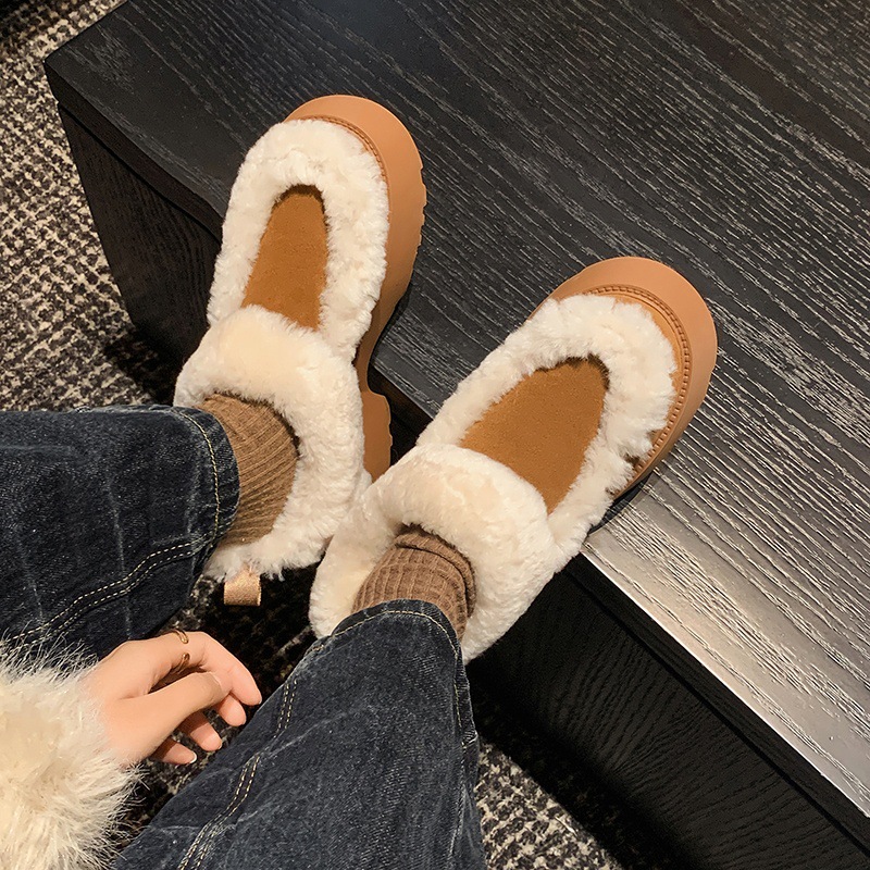 Boot tuyết nữ da cừu một mảnh gót cao lót lông dày giữ ấm — màu nâu