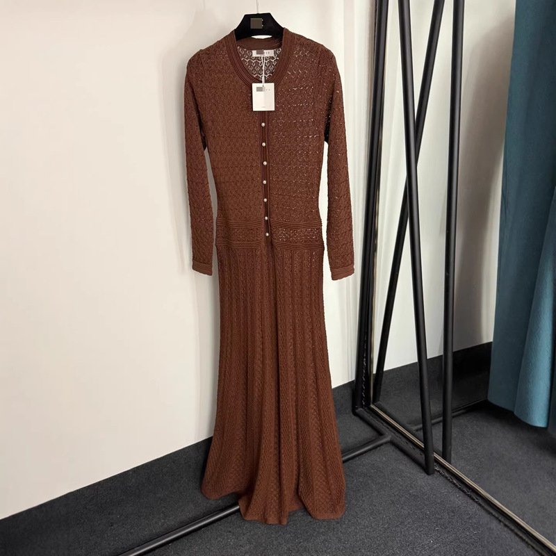 Nanyou High-End New Style Pearl Button Shiny Yarn Blend Hollow-Out Knit Waist-Cinching Long-Sleeve Dress Long Skirt