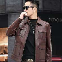 大码纯牛皮皮衣男士真皮头层休闲皮夹克短款翻领外套潮短款多口袋