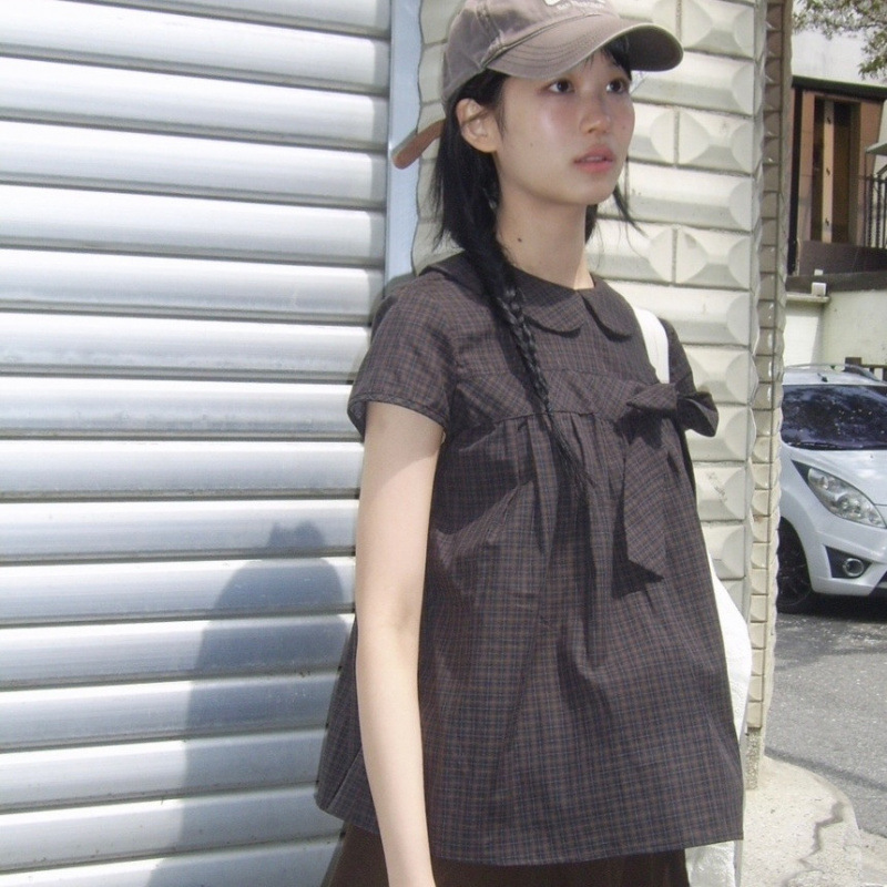 In Stock 2026 Summer New Korean Retro Design Plaid Bow Doll Collar Short-Sleeve Shirt Top In Stock 2026 Summer New Korean Retro Design Plaid Bow Doll Collar Short-Sleeve Shirt Top