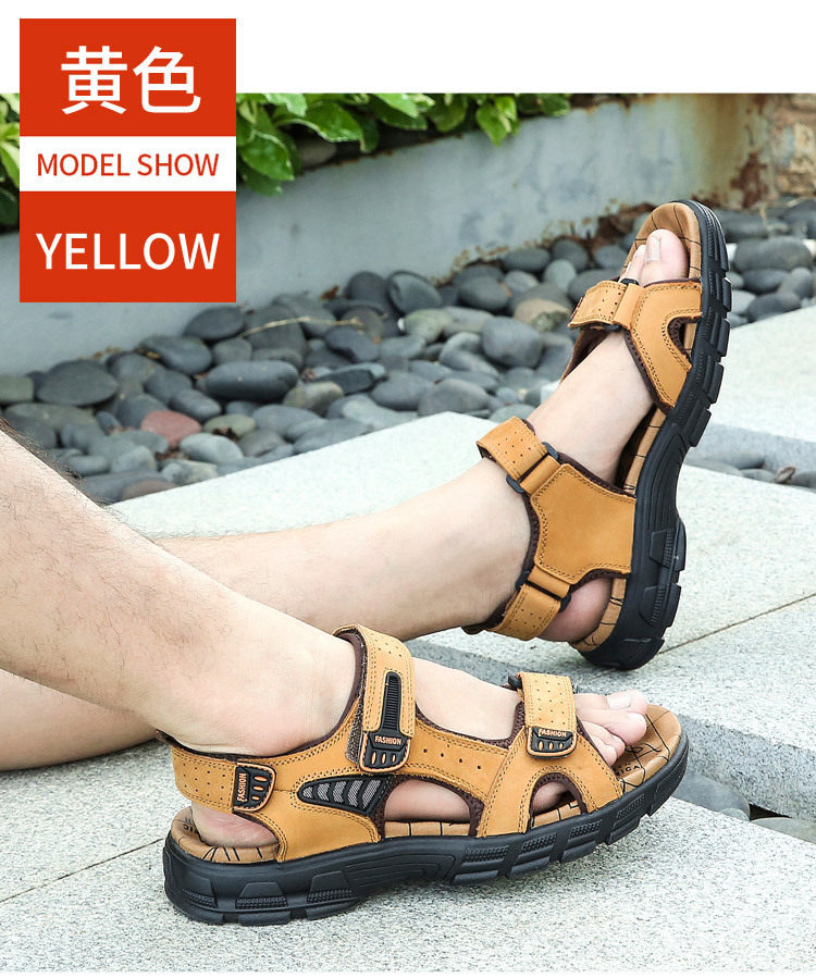 Dép sandal nam da bò hở mũi đế dày, quai buộc thoáng khí cỡ lớn — màu đen, vàng, Màu nâu chi tiết 17