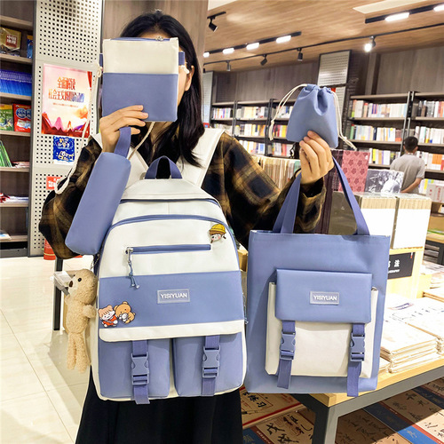 新款五件套书包女韩版原宿撞色大容量尼龙中学生双肩背包定跨境制