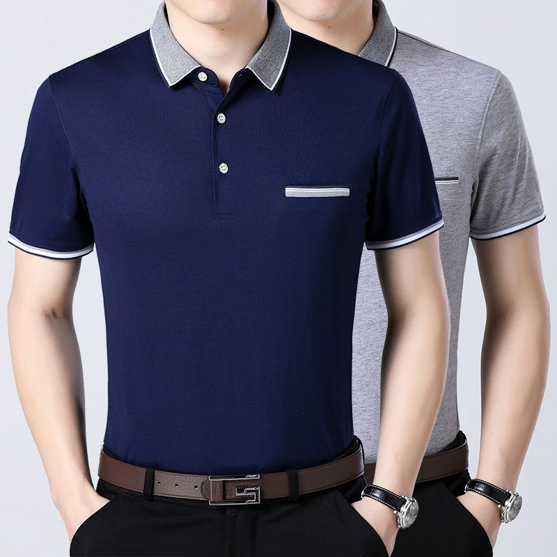 Летняя Мужская футболка с короткими рукавами для мужчин среднего возраста, хлопковая свободная тонкая футболка с лацканами и натуральным карманом для пожилого папы