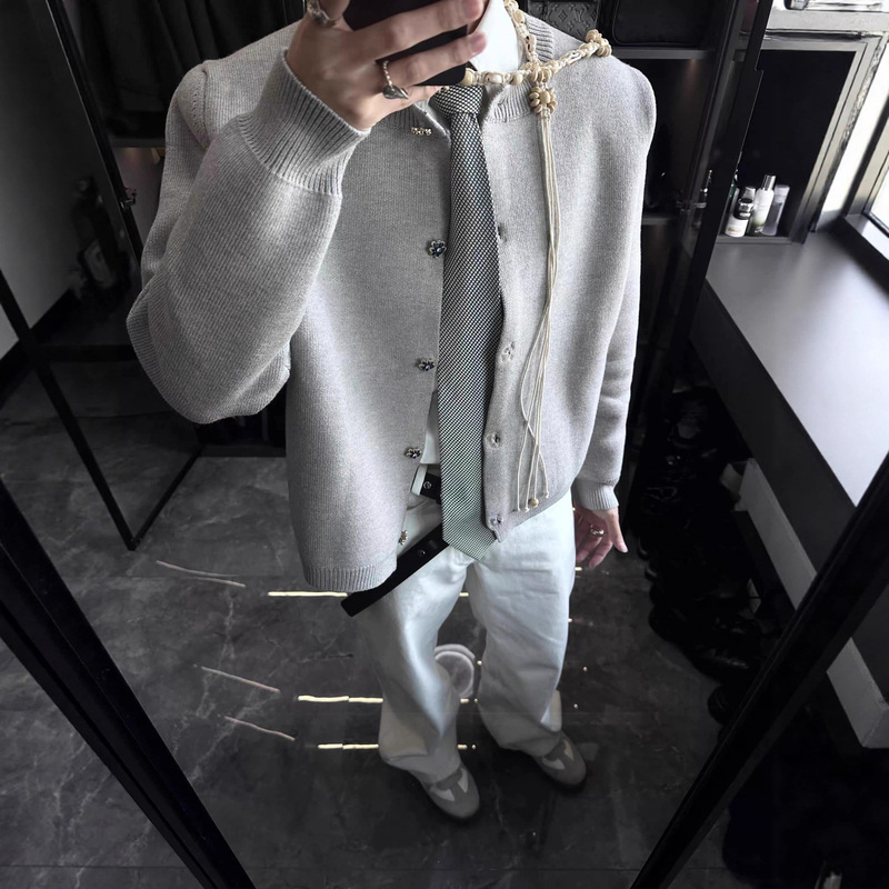 Niche Trendy Brand Gray Series Short Wide Boxy Knit Cardigan Autumn and Winter Heavyweight Thickened Men's Miu Series Sweater Jacket