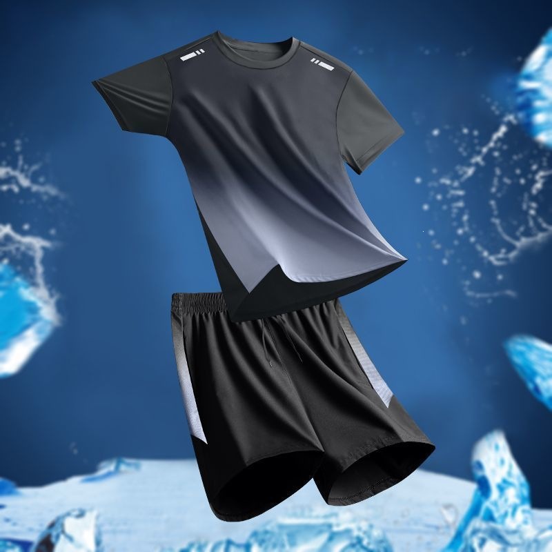 Camiseta de secado rápido de verano delgada suelta seda de hielo secado rápido mangas cortas deportivas casuales running chaqueta deportiva set hombre