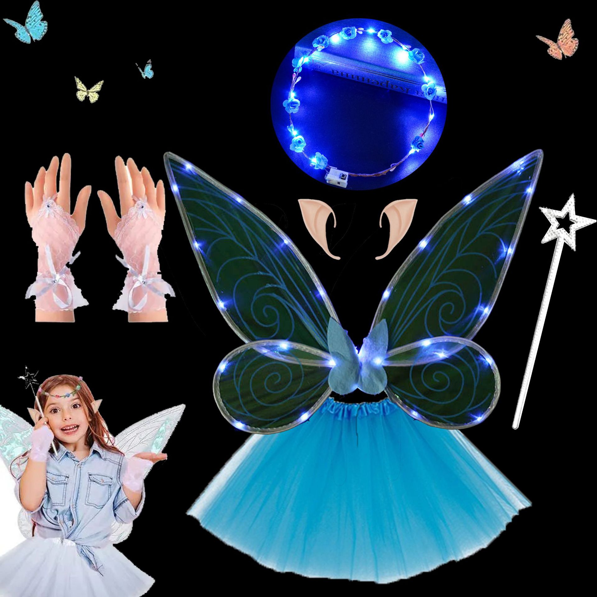 Navidad Nuevo estilo de emisión de luz ELF alas fiesta de vacaciones con flash mariposa Halloween accesorios de rendimiento para niños