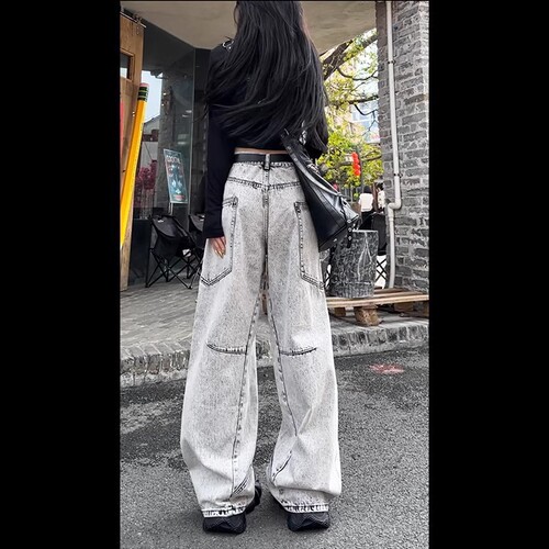 Summer Personalized Splicing Loose Wide Leg Pants Slim Heavy Industry Trendy Cool Denim for Women and Men