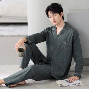 Spring and Autumn New Niche High-end Lapel Cardigan Men's Pajamas Long Sleeve Pure Cotton Simple Home Clothes Cool Cotton suit