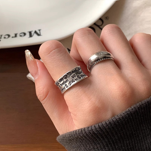 Korean version of retro heavy-duty old letter ring for women, fashion niche design, high-end index finger ring, adjustable ring