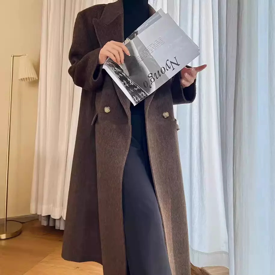 高级感羊毛双面呢正肩大衣女长款西装领垫肩加厚长毛羊绒外套双面