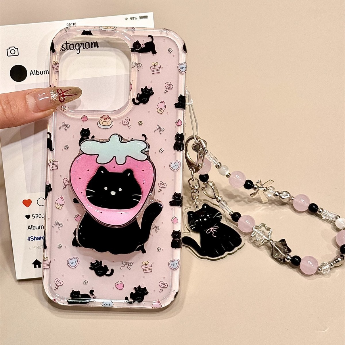 Lindo gato de fresa para iPhone 15Pro funda para teléfono móvil 16ProMsx soporte 13 Apple 14 cadena