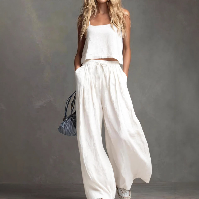2026 Cross-Border European and American Amazon Spring and Summer Foreign Trade Women's Clothing Solid Color Casual Cotton and Linen Camisole Top Wide-Leg Pants Set