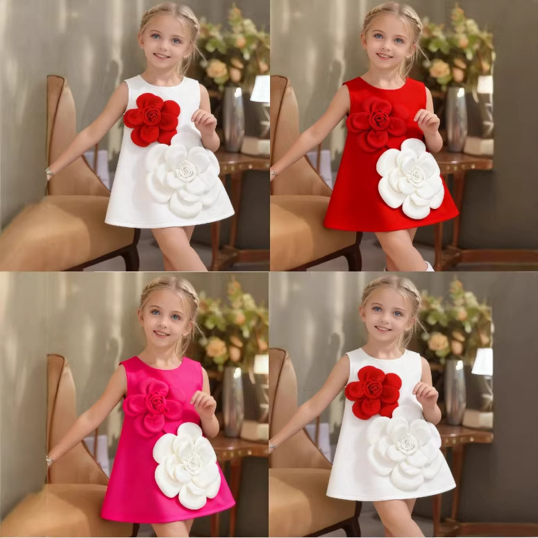 2026 Cross-Border Girls' Luxury Dress with 3D Red and White Floral Design, Sweet Party Dress for Babies 2026 Cross-Border Girls' Luxury Dress with 3D Red and White Floral Design, Sweet Party Dress for Babies