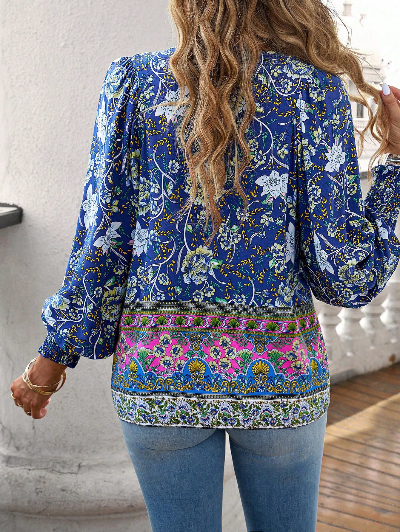 Women's Casual V Neck Long Sleeve Printed Blouse
