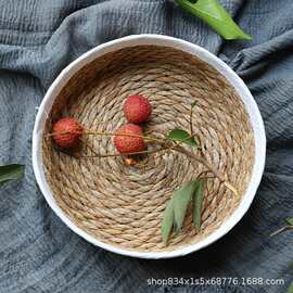 复古草编果盘客厅零食收纳筐日式玄关茶几圆盘杂物盒子厂家批发