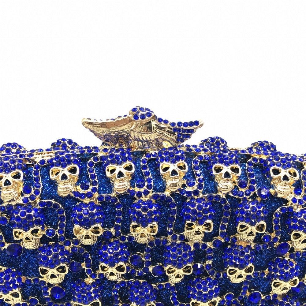 * nuevo paquete de cena de diamante calavera bolso de mano de diamante caja dura hueca bolsa de cena vestido de fiesta azul mujer