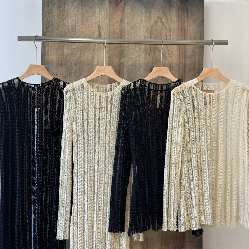 In Stock: Apricot/Black Semi-Sheer Diamond-Patterned Hollow-Out Cable-Knit Stretchy Slim-Fit Lace Short Knit Top In Stock: Apricot/Black Semi-Sheer Diamond-Patterned Hollow-Out Cable-Knit Stretchy Slim-Fit Lace Short Knit Top