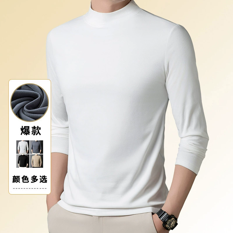 2024 осень и зима новая мужская двухсторонняя плюшевая футболка с полувысоким воротником мужской длинный рукав сплошной цвет