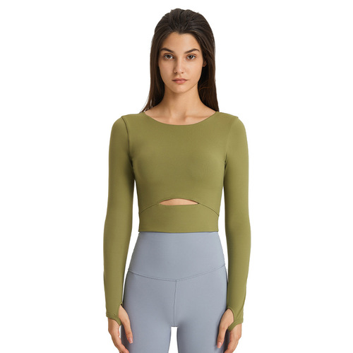 A new model of drop-shipping yoga long-sleeved tops with chest pads for women, waist-revealing short sexy running sports fitness clothes