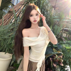 荡领飘带花朵短袖t恤女夏收腰褶皱背心斜肩上衣