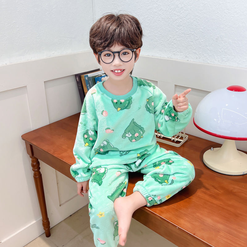 男童奥粒绒睡衣秋冬儿童卡通开衫家居服冬加厚保暖宝宝法兰绒套装|undefined