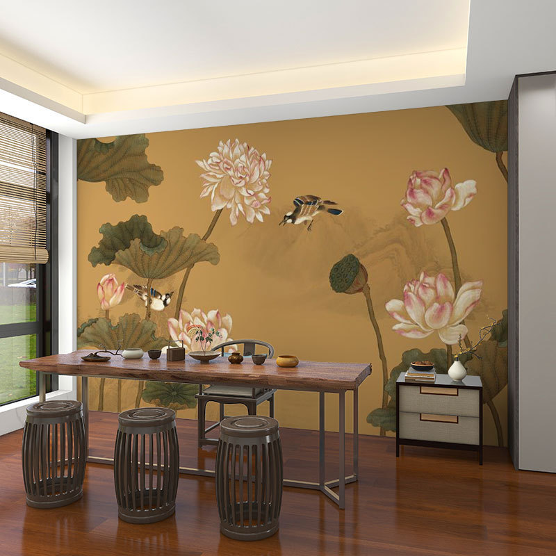壁画3d立体中式意境荷花电视背景墙壁纸客厅壁布装饰墙布墙纸|undefined