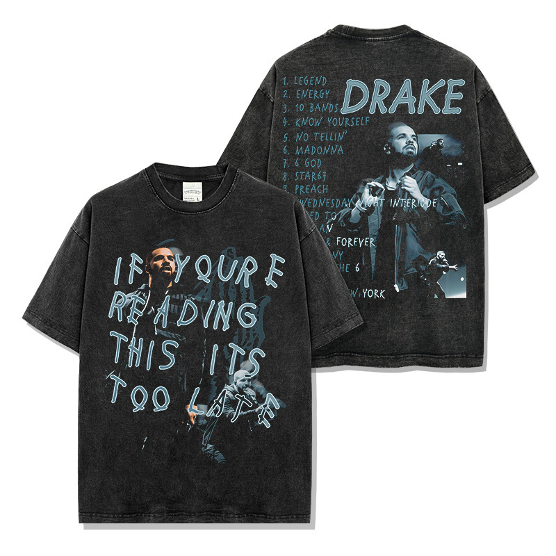 Cross-border Retro Drake Printed Short-sleeved T-shirt American-style Washed Long-sleeved Round Neck Casual Hooded Sweat for Men and Women
