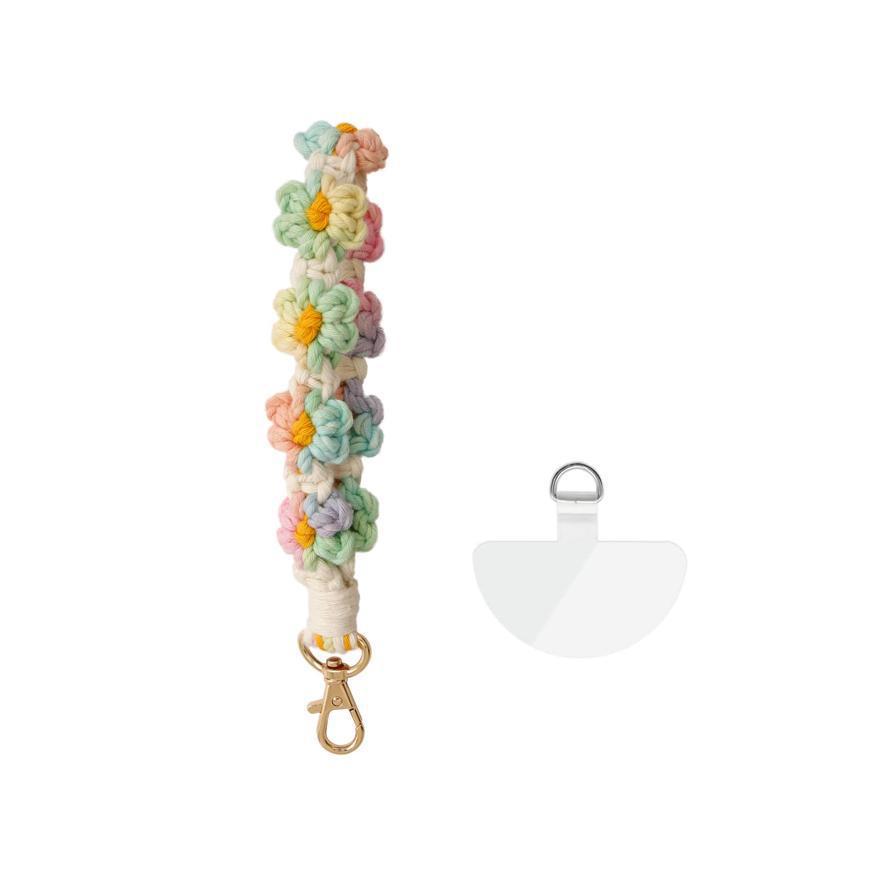 Novo chaveiro de flor colorido em macramê feito à mão com argola para chaves, chaveiro de pulso com corda de flor fofa em ondas.