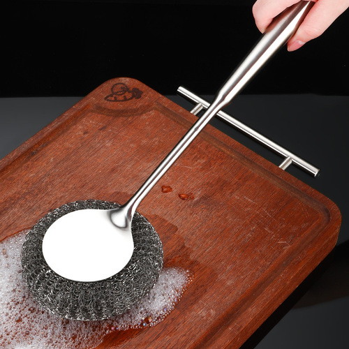 Pot Scrubber Kitchen Long Handle Brush Pot Gadget 316L Stainless Steel Wire Pot Scrubber for Home Cooking No Wire Drop Cleaning Brush