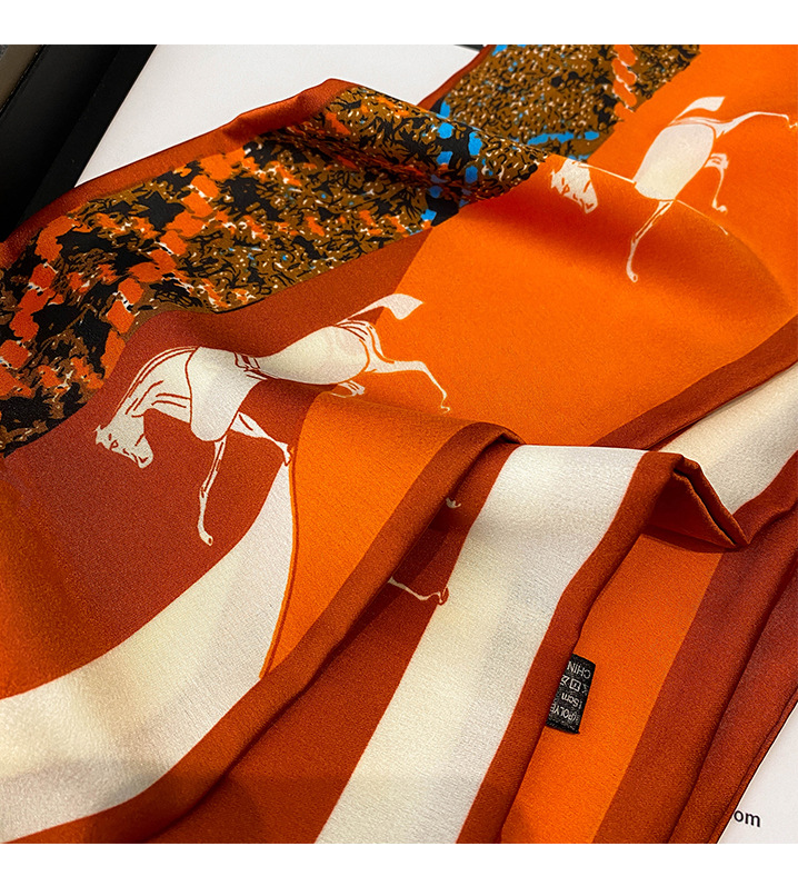 Printemps Et Automne Mince Rétro Couture Cheval Orange Simulation Soie Satin Longue Écharpe En Soie display picture 3