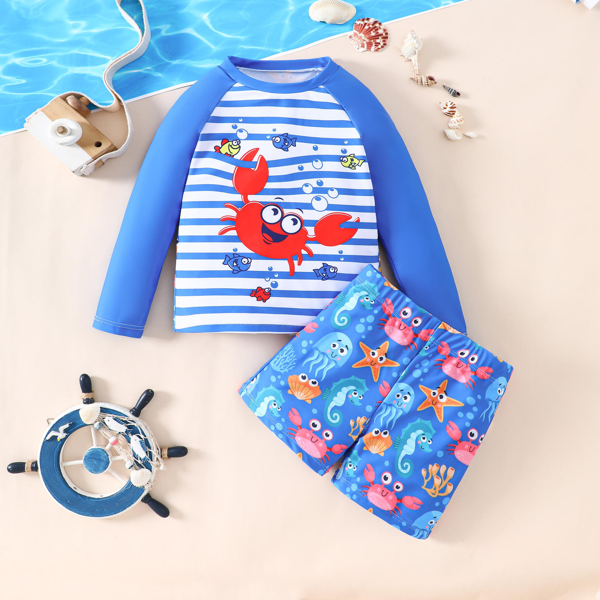 Niños trajes de baño a rayas mangas de hombro dibujos animados cangrejo manga larga impresión completa hipocaballo estrella de mar pantalones cortos trajes de baño
