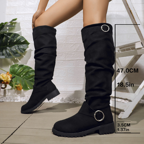 Wide women's shoes with creases, over-the-knee stack boots, belt buckle, chunky heels, fashion boots