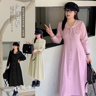 7933 Xuanchen Slightly Fat Large Size Korean Style Preppy Style Mid-Length Dress Autumn Navy Collar Long-Sleeved Women's Skirt