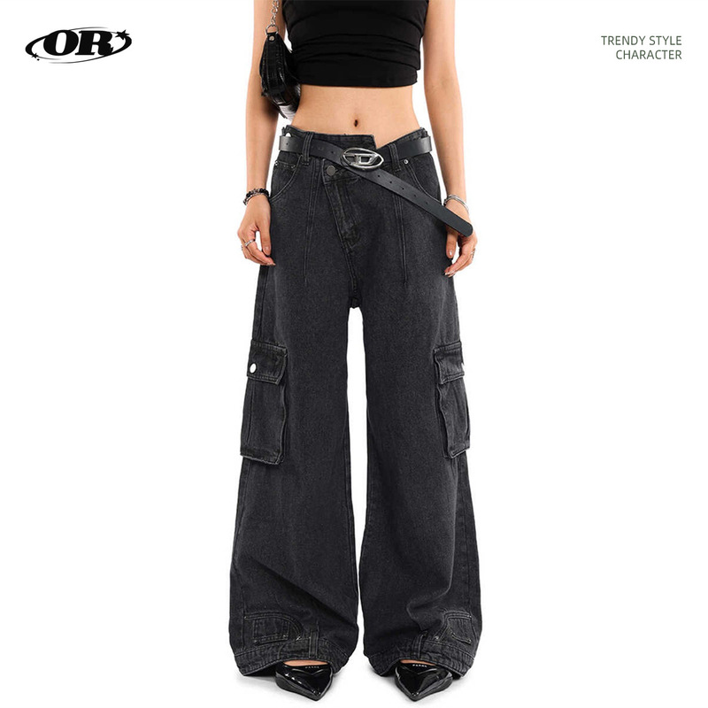 OREETA Retro Deconstructed Slant Placket Wide Leg Workwear Jeans 2024 Washed American Style Trailing Jeans