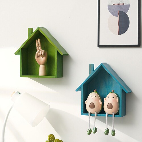 Wooden small house retro nostalgic home wall entrance decoration wall hanging wooden decoration shelf simple