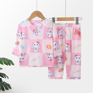Children's Cotton Silk Pajamas Set Thin Boys and Girls Summer Cotton Silk Air-Conditioned Clothes Baby Girls Long-Sleeved Home Clothes
