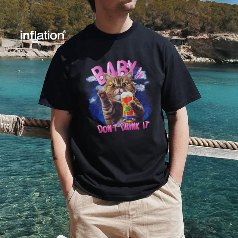 Jiezhan Мужская одежда | футболка с кошачьим принтом 2025 Весна и лето веселая уличная тенденция пара одежда свободные топы с короткими рукавами для мужчин