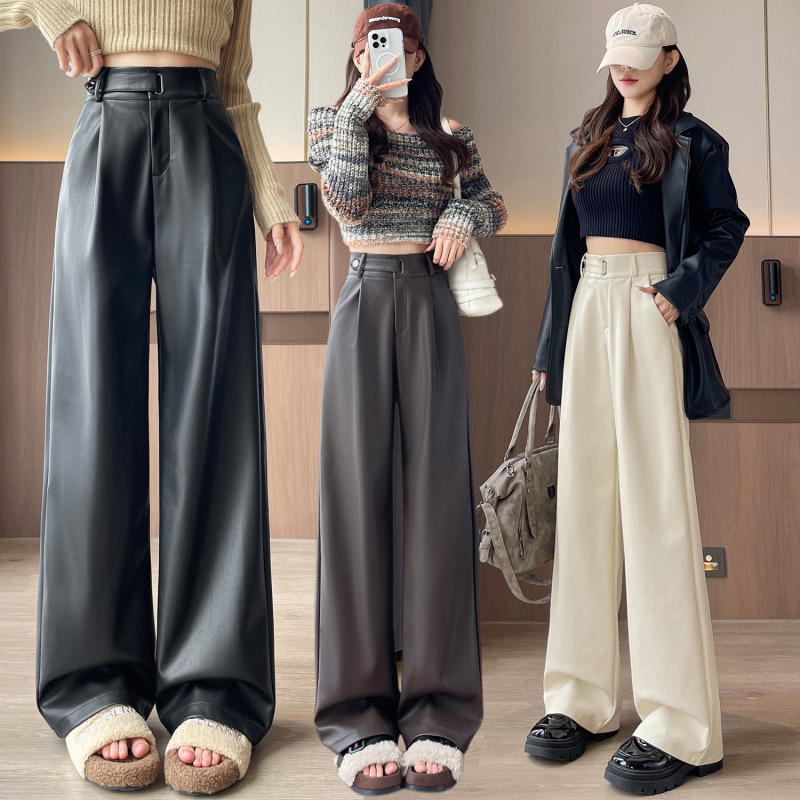 Real shot in stock leather pants women's autumn and winter new fleece-lined high waist casual pants soft leather trendy cool wide leg pants