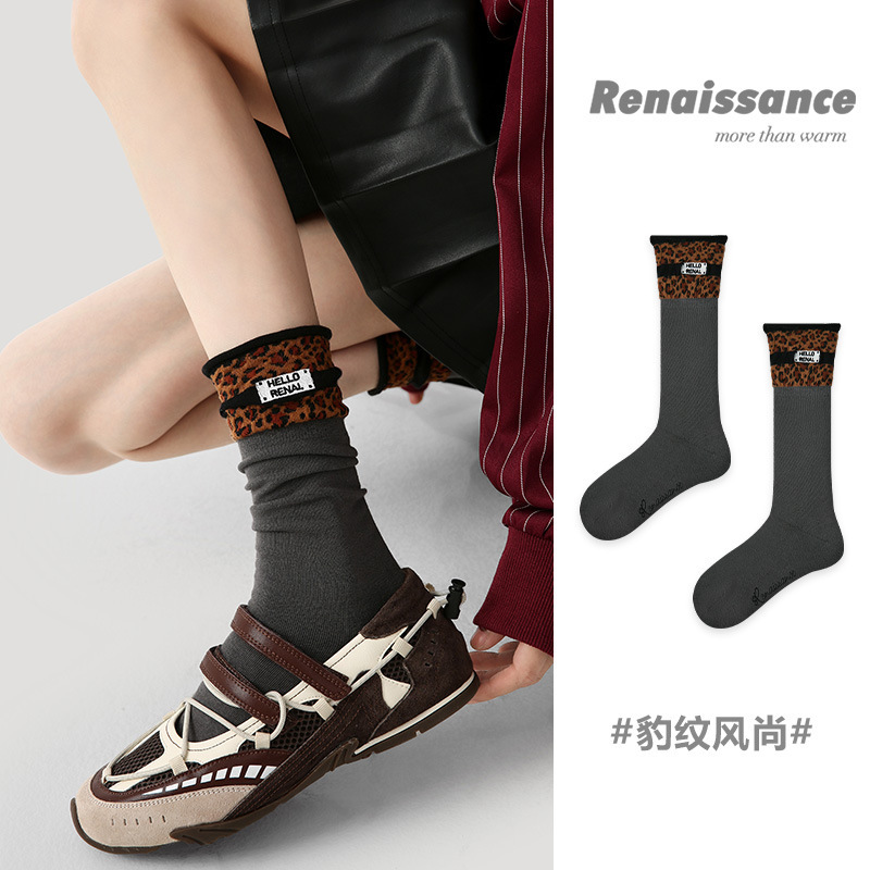 Renaissance秋冬新款中筒袜假两件堆堆袜豹纹公主风ins潮袜子女|undefined