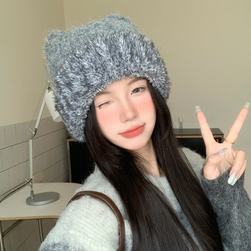 帽子女秋冬甜美可爱猫耳朵毛绒帽加厚针织保暖帽户外防寒包头帽韩|undefined