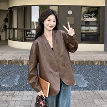 短款V领PU皮衣女2026春秋新款宽松单排扣时尚百搭休闲外套 AG2630