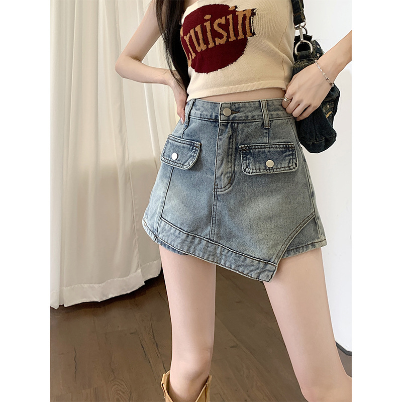 Irregular denim skirt for women in summer Korean version 2023 new high-waist slim design and hip-covered shorts skirt trendy
